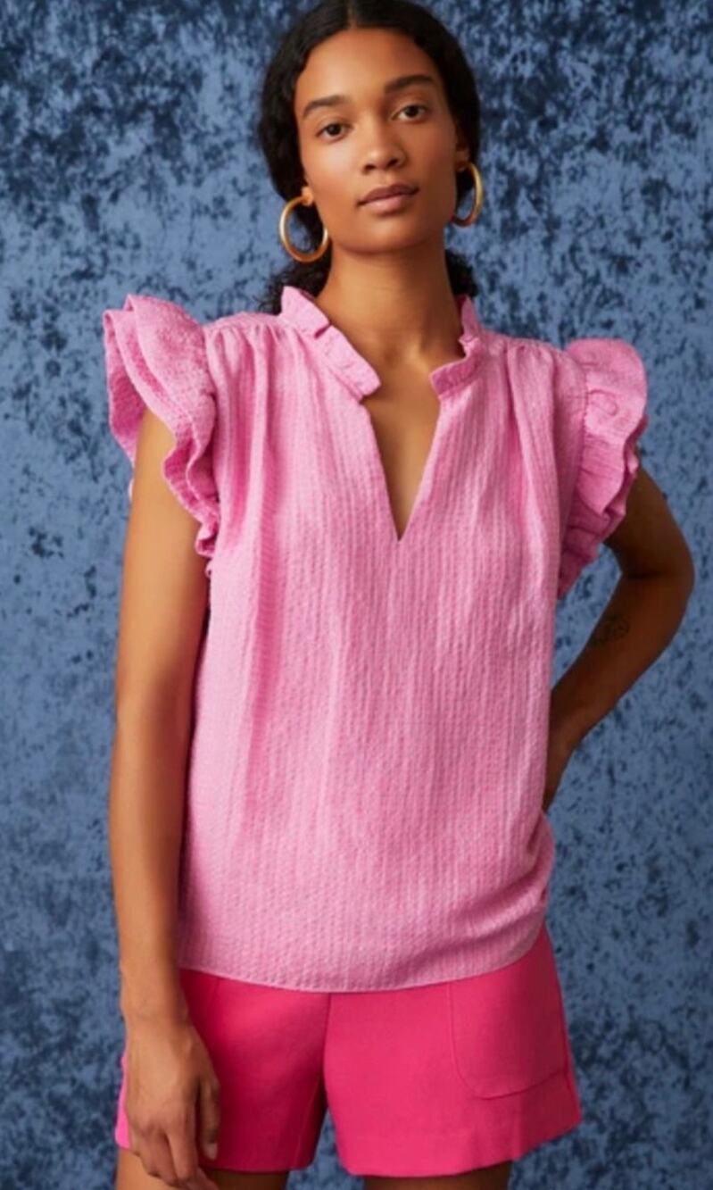 Marie Oliver Merrit Ruffle Sleeve Hot Pink Linen Silk Blend V Neck Blouse Medium